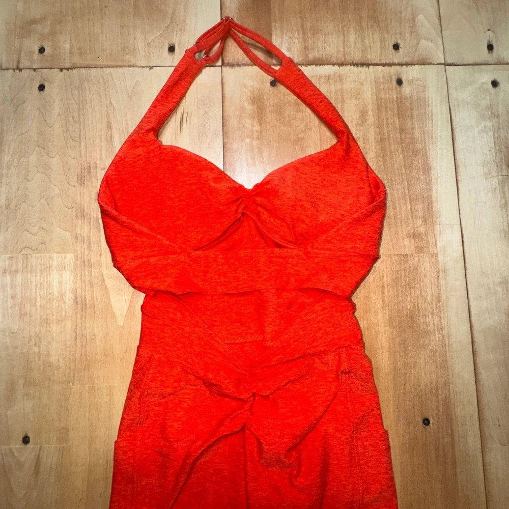 Bombshell Sportswear Orange Halter Neck Active Jumpsuit Unitard Small Pockets - Picture 5 of 8